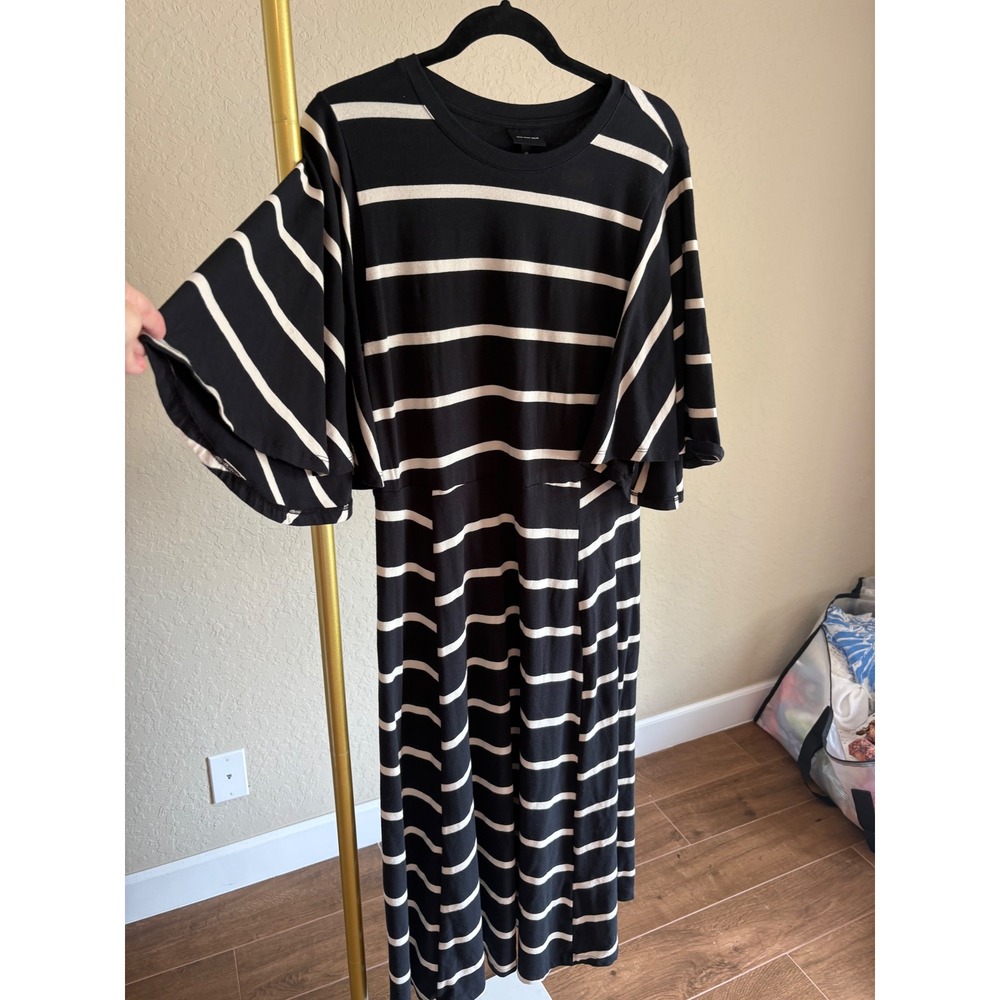 Black and Cream Striped Midi Dress with Flutter Sleeves